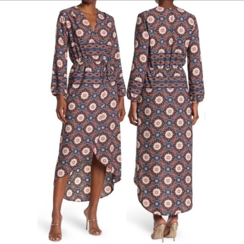 Fraiche  By J‎ Women's Dress Size Large Nadia Faux Wrap Maxi Floral Geometric